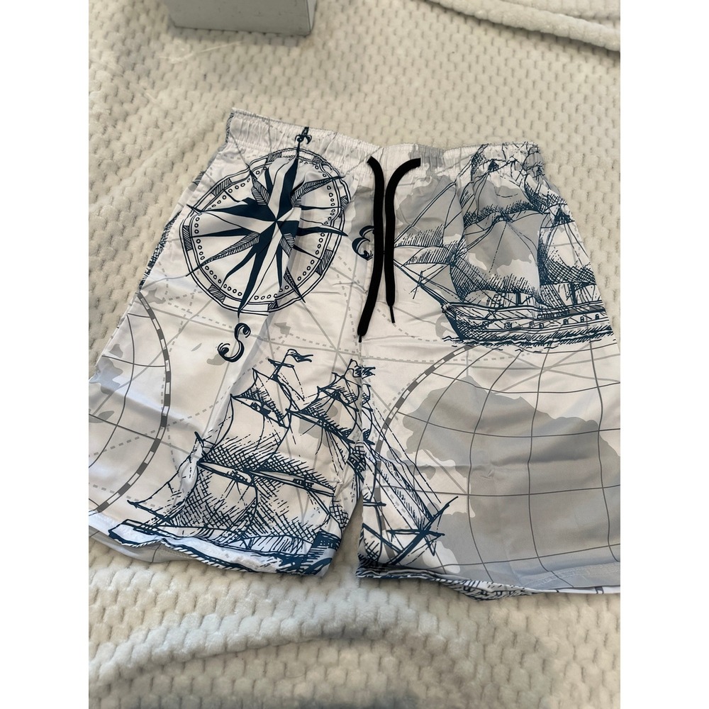 Mens Nautical Ship Compass Print Swim Trunks White Navy Blue Beach Shorts  3XL